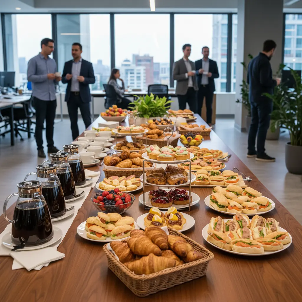 Catering spread with French pastries, sandwiches and coffee carafes