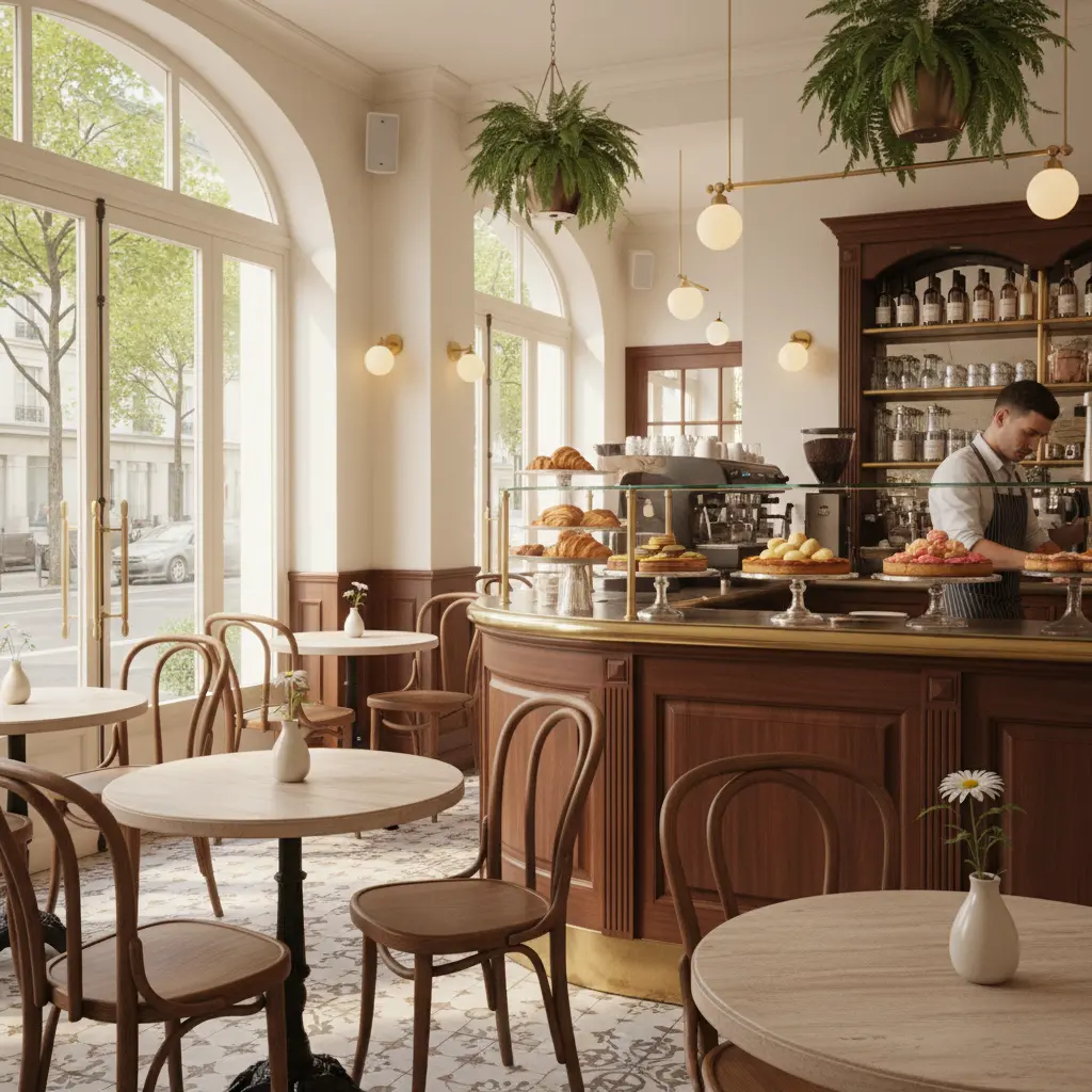 Inviting French-style café interior with espresso bar and pastry display