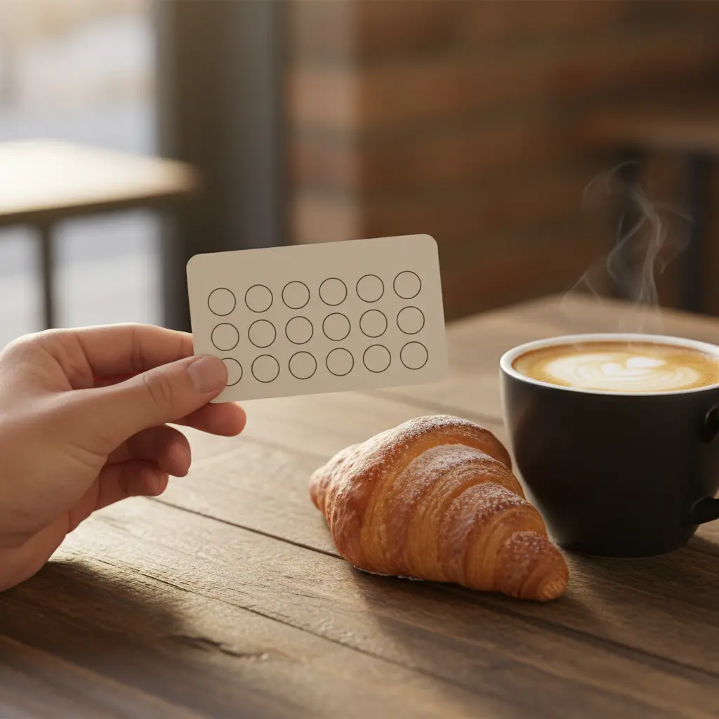 Hand holding a coffee shop loyalty card next to coffee and croissant