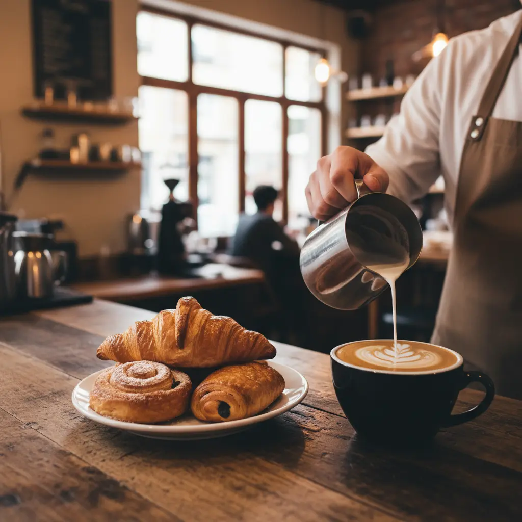 Barista pouring latte art beside croissants and pastries